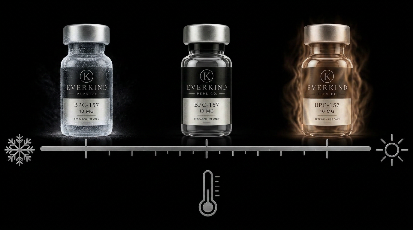 Temperature scale from frozen to warm with three research vials shown at each condition