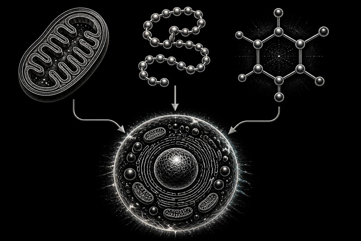 Line-art diagram on black showing a mitochondrion, a peptide chain and a molecule ring feeding into a single cell