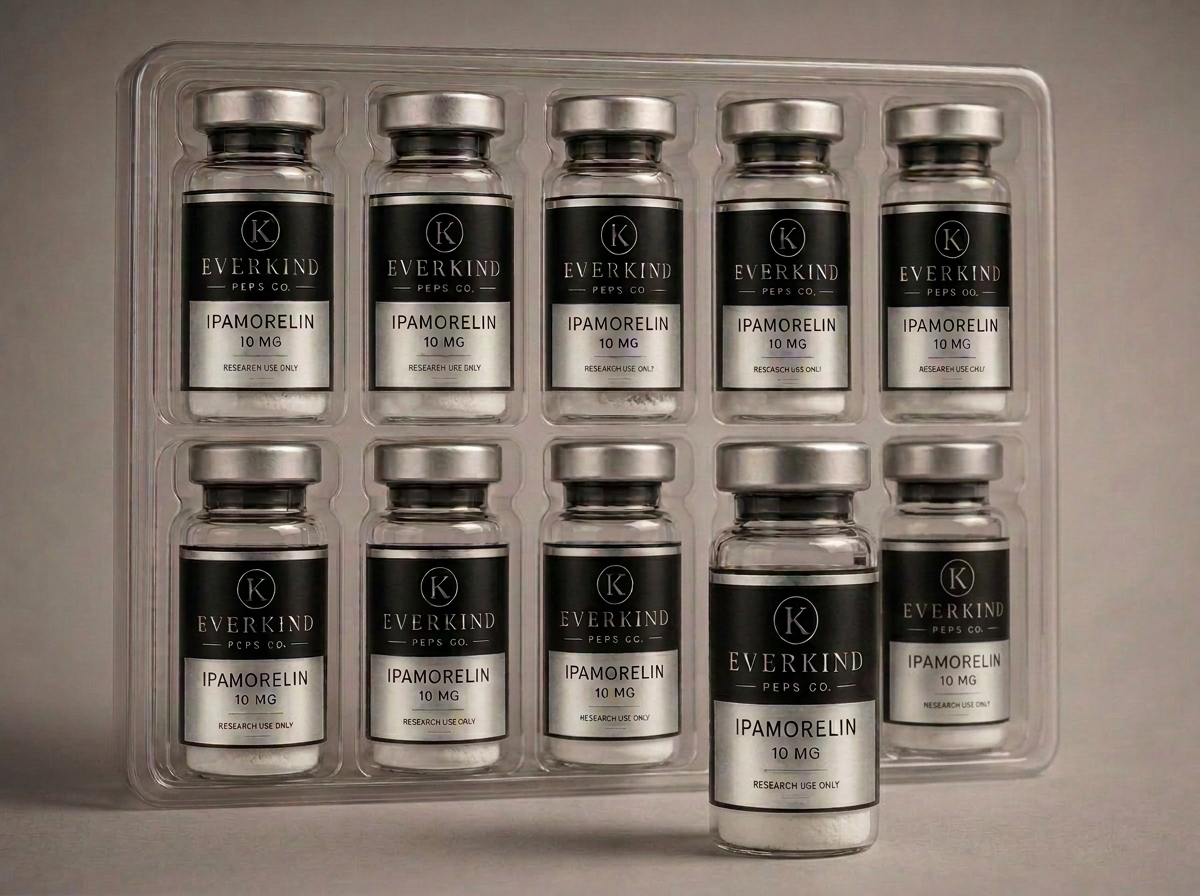 Tray of ten growth hormone research vials with one vial removed