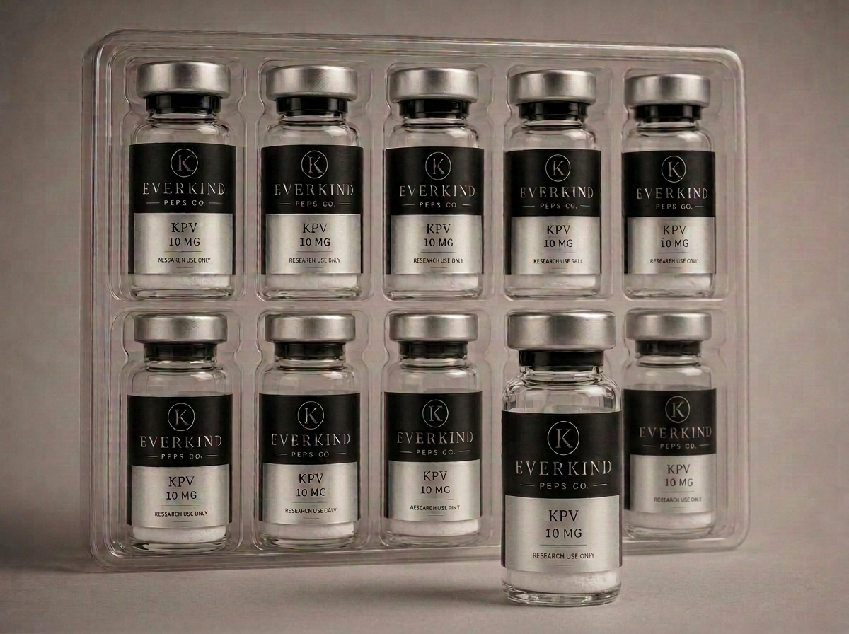 Tray of ten anti-inflammatory research vials with one vial removed
