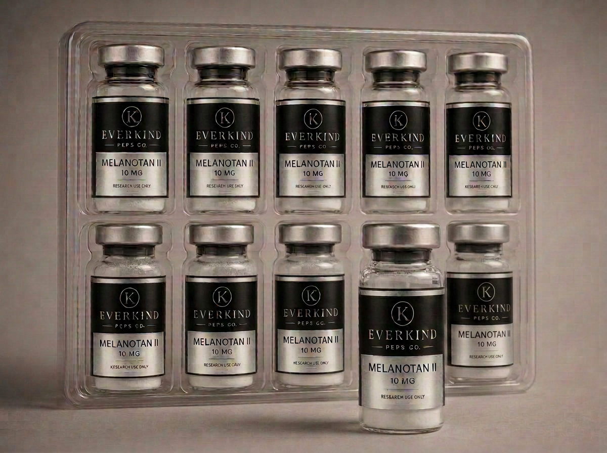 Tray of ten tan research vials with one vial removed
