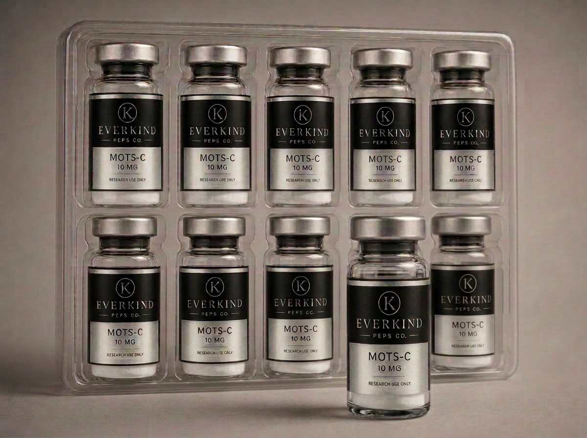Tray of ten longevity research vials with one vial removed