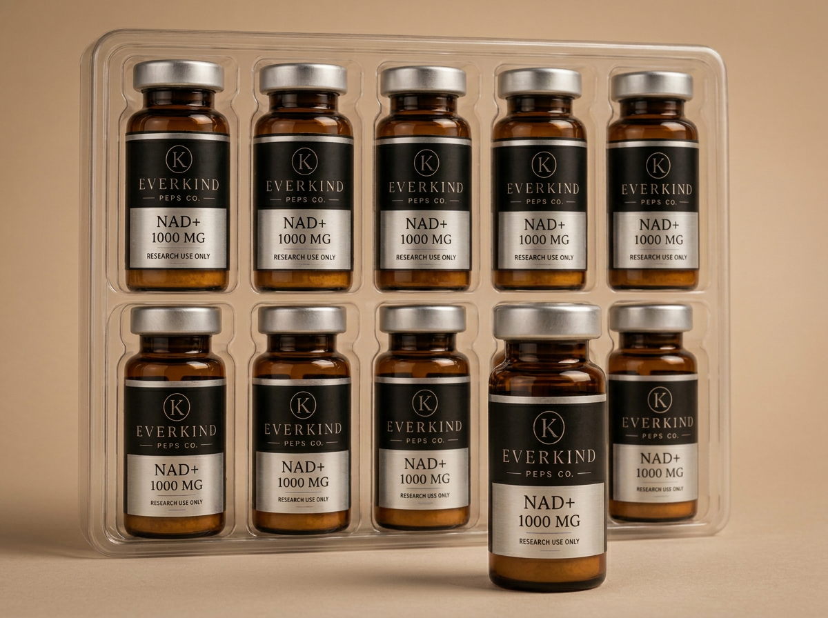 Tray of ten longevity research vials with one vial removed