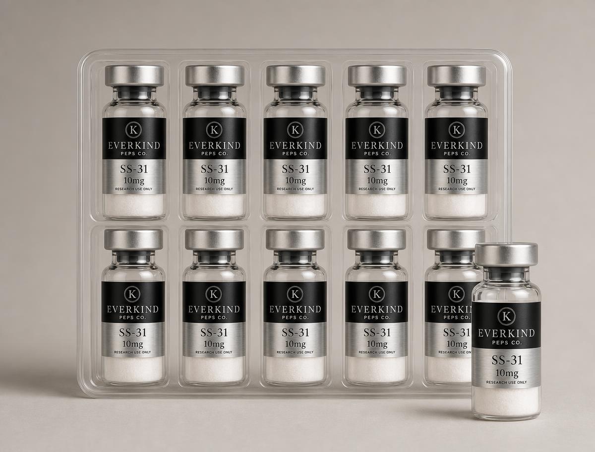 Tray of ten longevity research vials with one vial removed