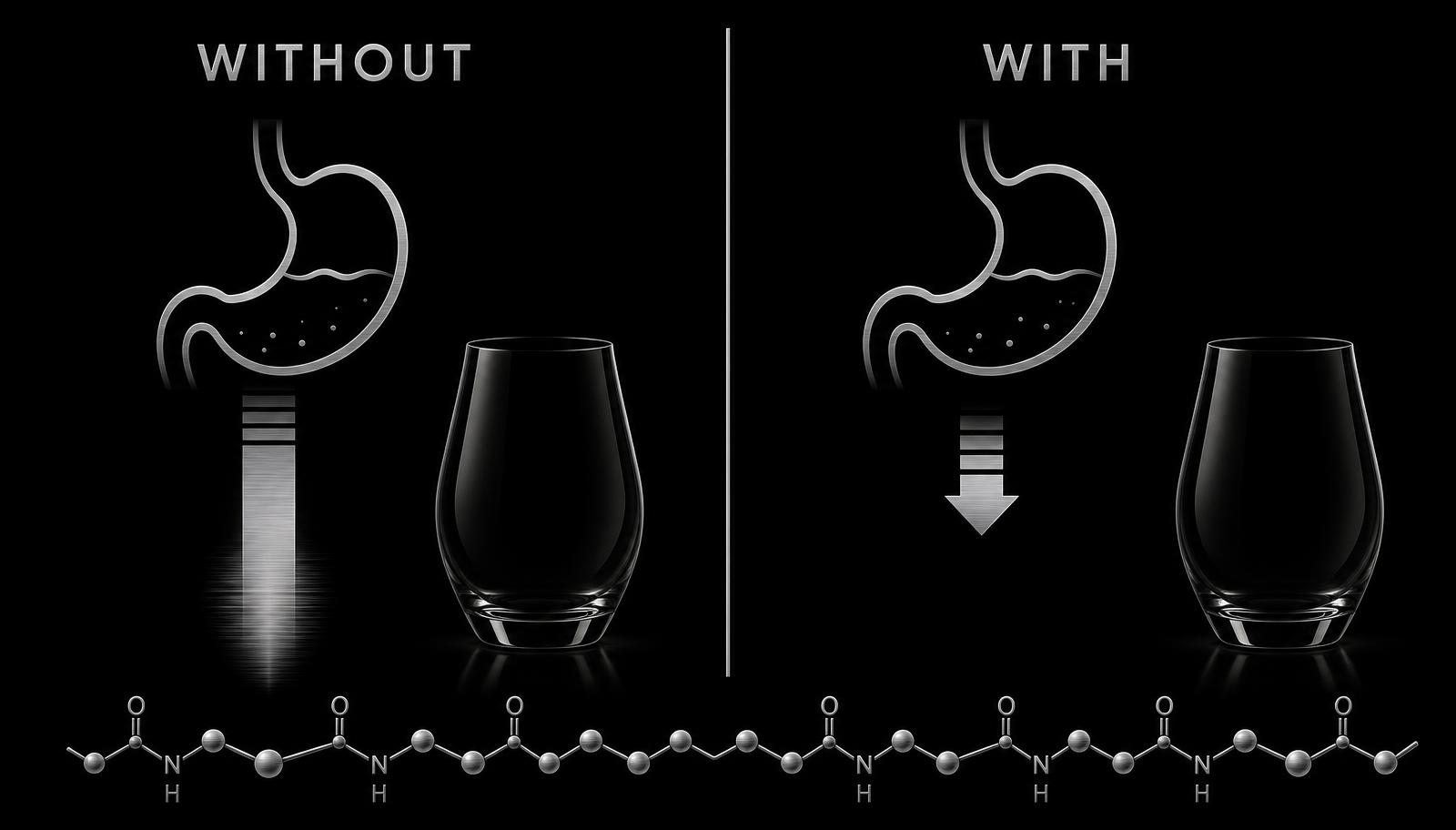 Diagram comparing gastric emptying speed with and without a metabolic research compound