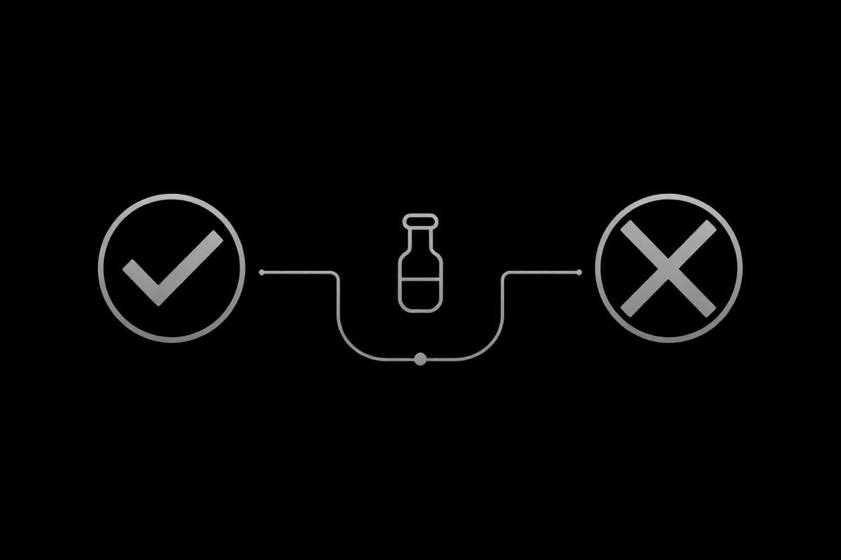 Silver check and cross icons flanking a research vial on a black background