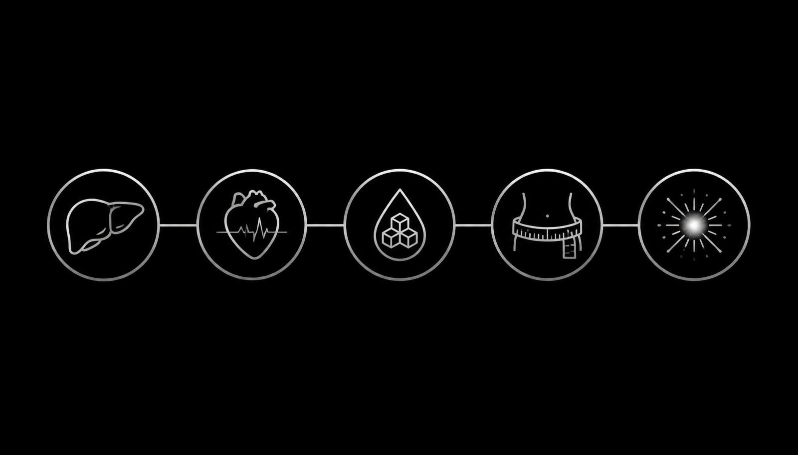 Line-art icons for liver, heart, glucose, waist measurement and inflammation connected in a row on black